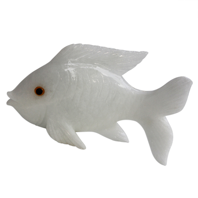 Artisan Crafted White Calcite Fish Statuette from Brazil