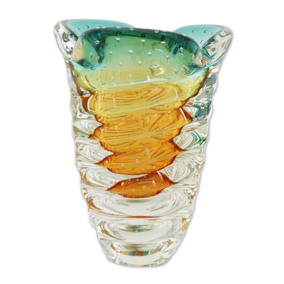 Hand Blown Amber and Green Art Glass Vase from Brazil