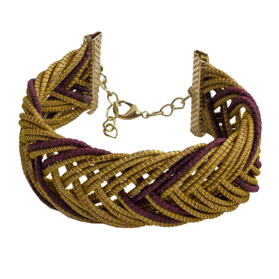 Gold Accented Golden Grass Wristband Bracelet in Burgundy