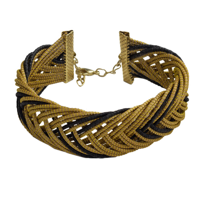 Gold Accented Golden Grass Wristband Bracelet in Black