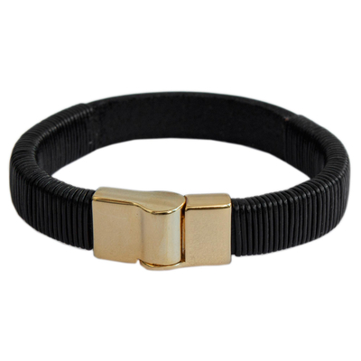 Black Leather Wristband Bracelet Gold-Toned Steel Clasp