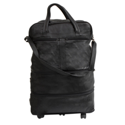 Expandable Leather Wheeled Travel Bag in Black from Brazil