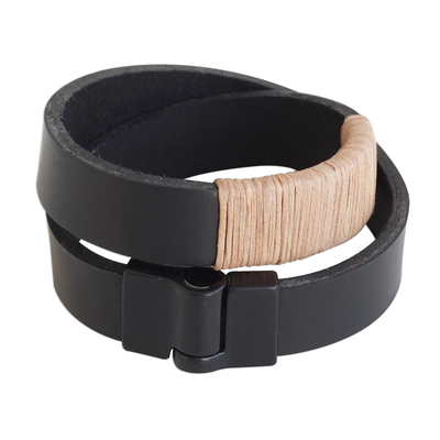 Modern Leather Wrap Bracelet in Black from Brazil