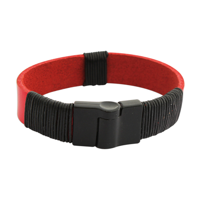 Red and Black Leather Wristband Bracelet from Brazil