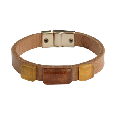 Brown and Yellow Glass and Leather Wristband Bracelet