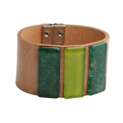 Green Glass and Leather Wristband Bracelet from Brazil