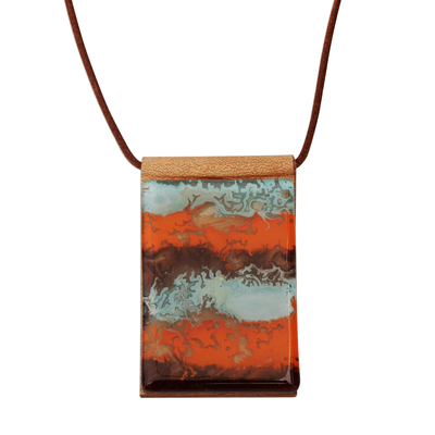 Orange Glass and Leather Pendant Necklace from Brazil