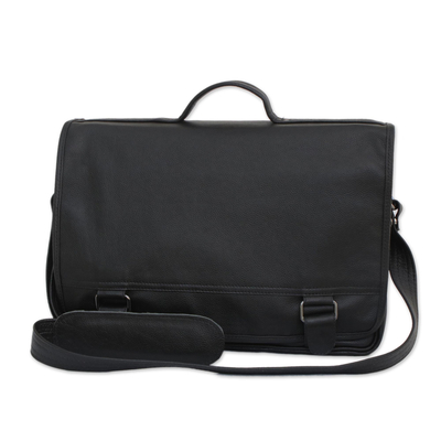 Black Leather Laptop Bag from Brazil (Double)