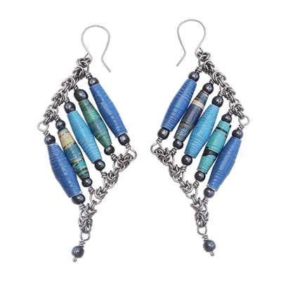 Recycled Paper and Hematite Dangle Earrings in Blue