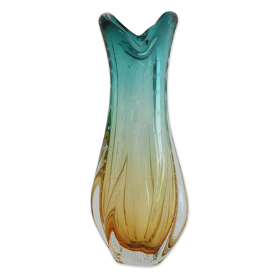 Blue and Brown Art Glass Vase Crafted in Brazil
