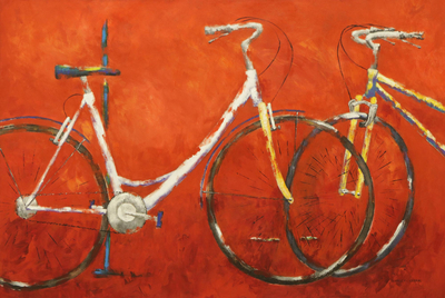 Signed Impressionist Painting of Bicycles on Orange (2018)