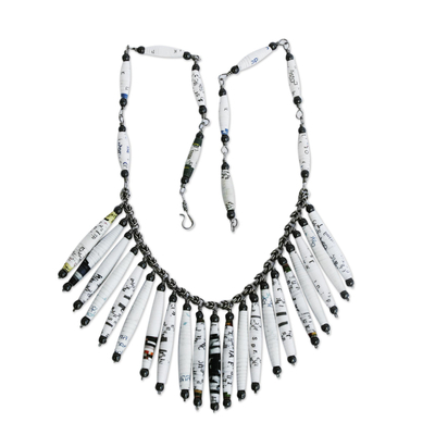 White Recycled Paper and Hematite Waterfall Necklace