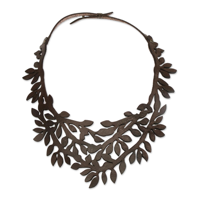 Leaf Motif Leather Collar Necklace in Espresso from Brazil