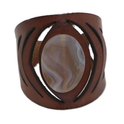 Brown Agate and Leather Wristband Bracelet from Brazil