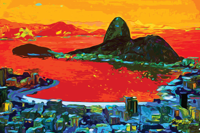 Sugarloaf Hill Impressionist Print in Red from Brazil