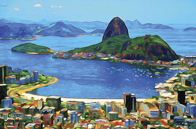 Sugarloaf Hill Impressionist Print in Blue from Brazil