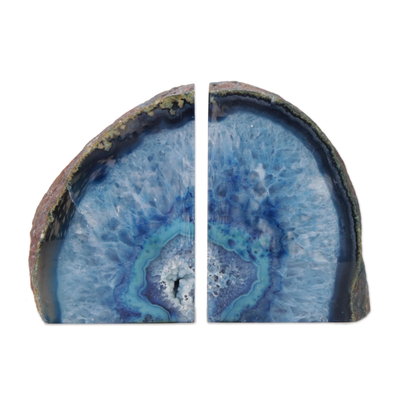 Blue Agate Geode Bookends Crafted in Brazil