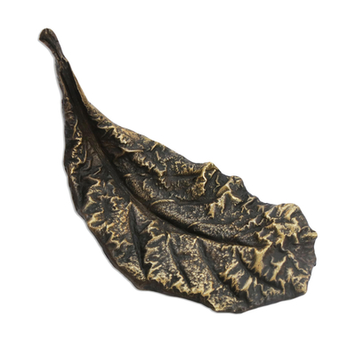 Signed Bronze Almond Leaf Sculpture from Brazil (5 Inch)