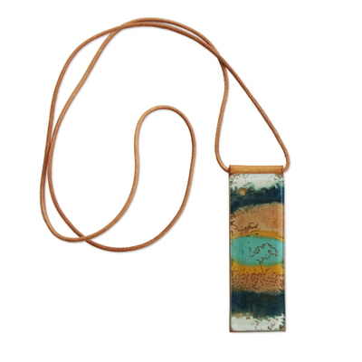 Blue and Brown Glass and Leather Pendant Necklace