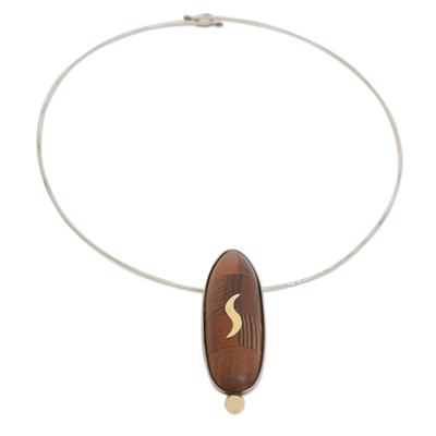 Gold Accented Oval Wood Pendant Necklace from Brazil