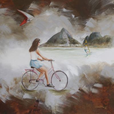 Signed Painting of a Girl on a Bike from Brazil