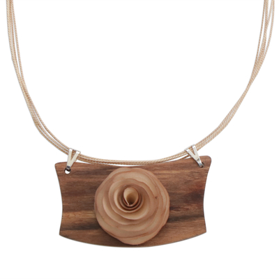 Brazilian Hand Carved Wood Rose Necklace in Beige