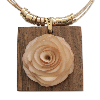 18k Gold Accent Beige Wooden Rose Necklace from Brazil