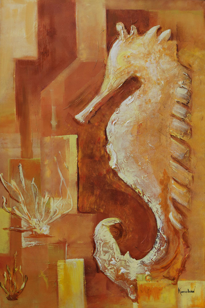 Signed Expressionist Painting of a Seahorse from Brazil