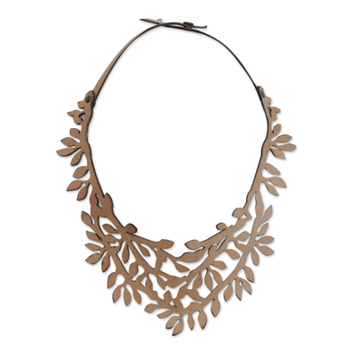 Leaf-Pattern Leather Collar Necklace in Almond from Brazil
