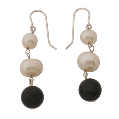 White Cultured Pearl and Black Onyx Earrings from Brazil