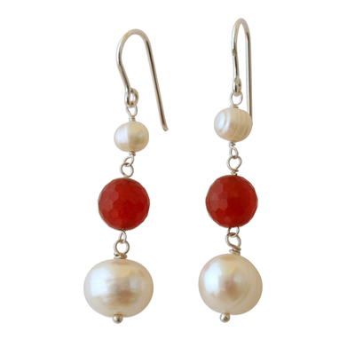 White Cultured Pearl and Carnelian Earrings from Brazil