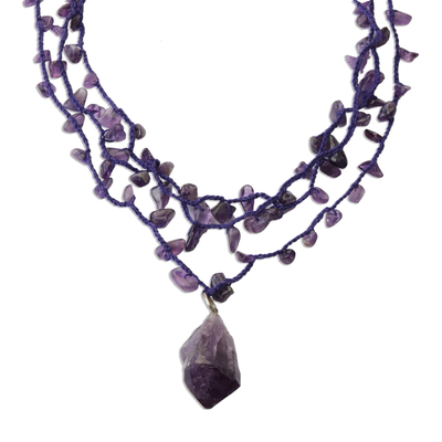 Handcrafted Amethyst 3 Strand Crochet Necklace from Brazil