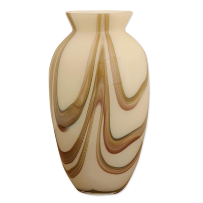 Cream and Brown Murano-Inspired Art Glass Vase