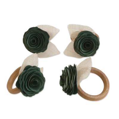 4 Wood and Natural Fiber Moss Green Floral Napkin Rings