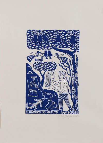Young Lovers Blue and White Brazilian Woodcut Print