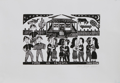 Brazilian Country Town Dance Black and White Woodcut Print