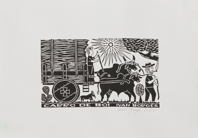 Brazilian Oxcart with Sugar Cane Woodcut Print