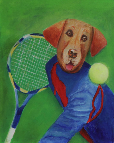 Mixed Media Painting of Tennis Playing Dog from Brazil