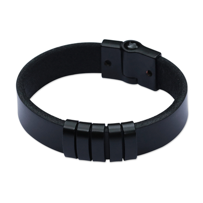 Modern Black Leather Wristband Bracelet from Brazil