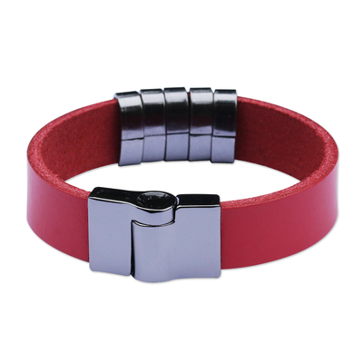 Modern Red Leather Wristband Bracelet from Brazil