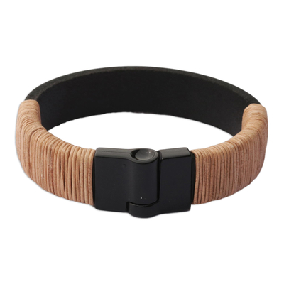 Black and Beige Leather Wristband Bracelet
