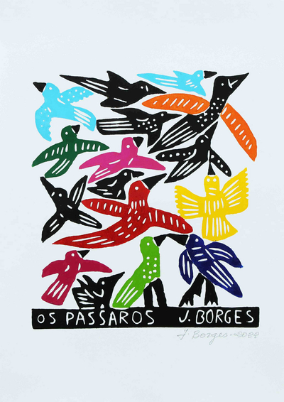J. Borges Flying Flock of Birds Woodcut Print from Brazil