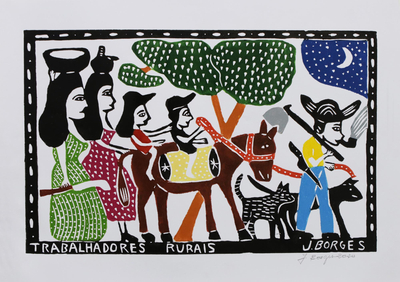 Brazil Farm Workers Color Woodcut Print by J. Borges