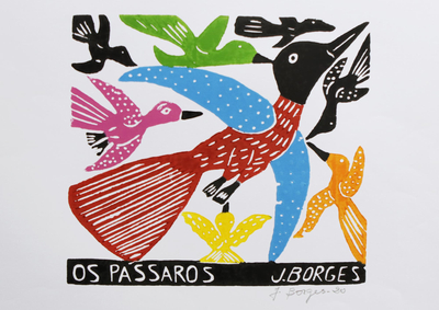 J. Borges Horizontal Birds Woodcut Print from Brazil