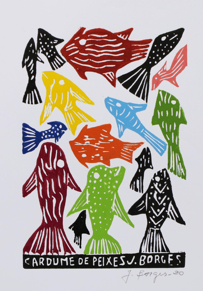 Colorful Fish Woodcut Print by J. Borges in Brazil