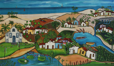 Original Naif Painting of a Brazilian Beach Town