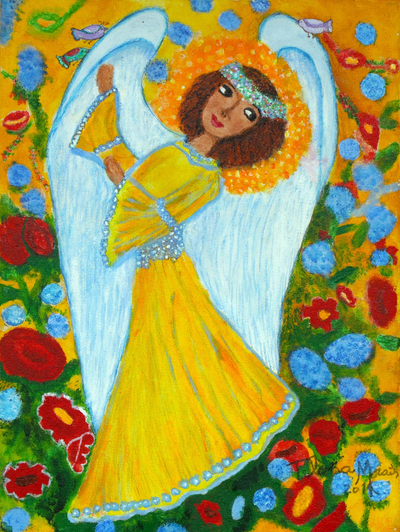 Brazil Signed Original Naif Painting of an Angel in Yellow