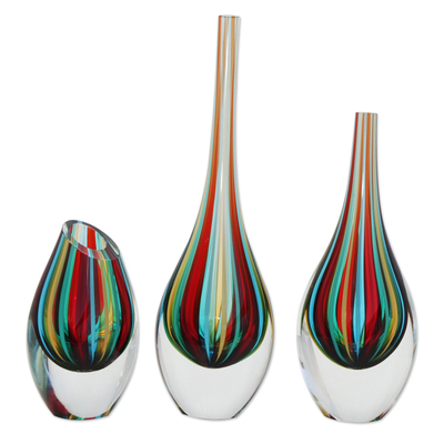 3 Murano Inspired Colorful Handblown Brazilian Glass Vases
