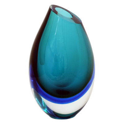 9.5 inch Turquoise Murano Inspired Handblown Art Glass Vase
