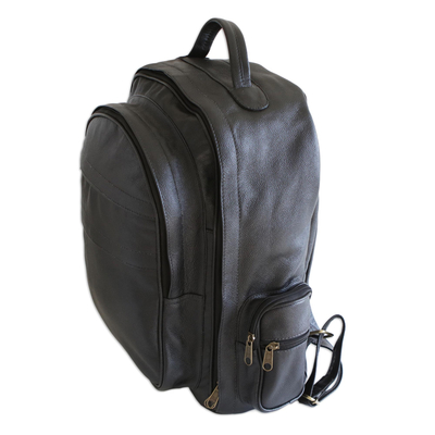 Matte Black Leather Padded Backpack from Brazil